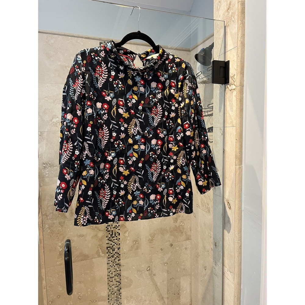 Boden Womens Floral Mock Neck Long Sleeve Blouse Viscose Top Black Red Size 6R